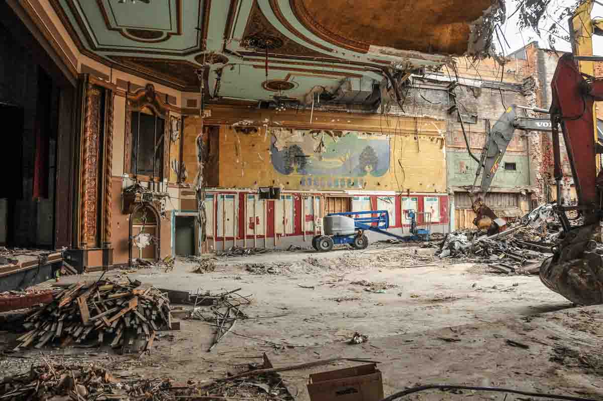 Interior view of the Retlaw auditorium during demolition